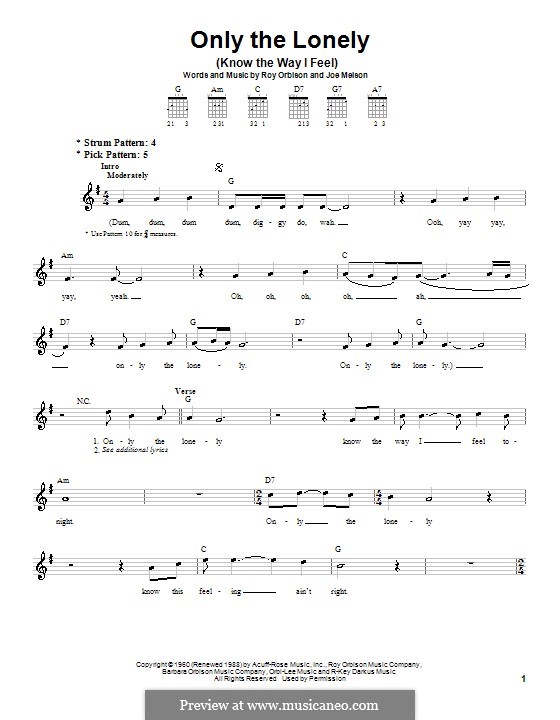 Only the Lonely (Know the Way I Feel): For guitar (very easy version) by Joe Melson