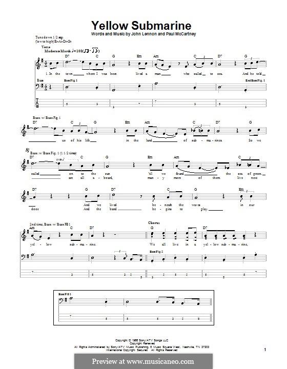 Yellow Submarine (The Beatles): For bass guitar with tabulature by John Lennon, Paul McCartney