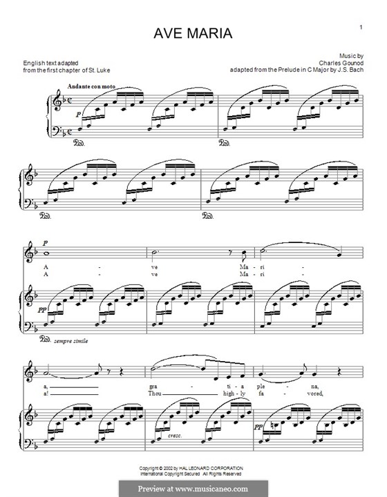 Ave Maria (Printable Sheet Music): For voice and piano or guitar (F Major) by Johann Sebastian Bach, Charles Gounod