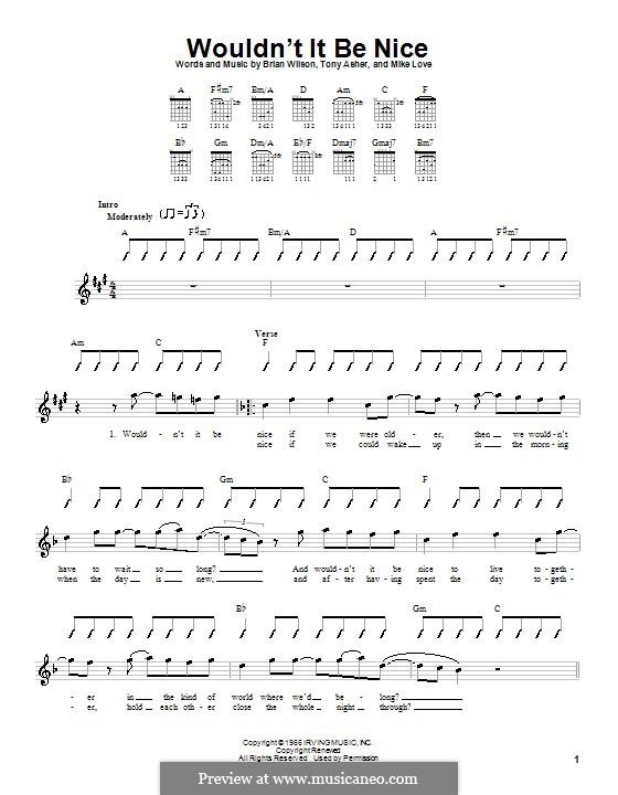 Wouldn't It Be Nice (The Beach Boys): For guitar (with strumming patterns) by Brian Wilson, Mike Love, Tony Asher