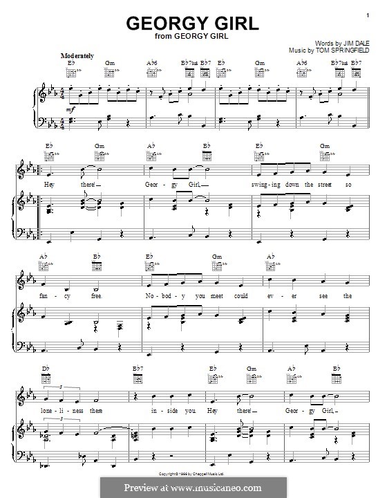 Georgy Girl (The Seekers): For voice and piano (or guitar) by Jim Dale, Tom Springfield