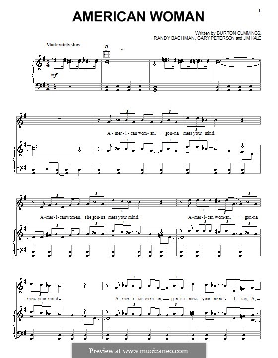 American Woman (Lenny Kravitz): For voice and piano (or guitar) by Burton Cummings, Garry Peterson, Jim Kale, Randy Bachman
