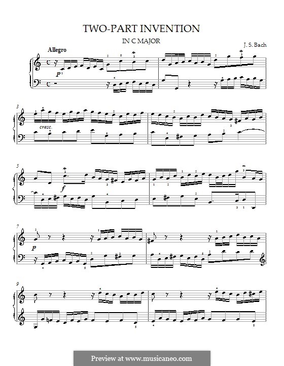 No.1 in C Major, BWV 772: For piano (with fingering) by Johann Sebastian Bach
