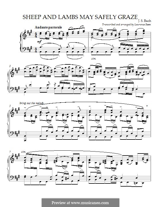 Sheep May Safely Graze (Printable Scores): For piano (A Major) by Johann Sebastian Bach