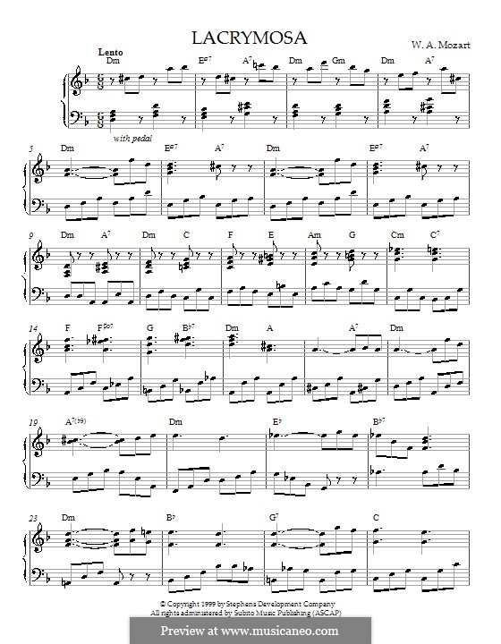Lacrimosa: For piano by Wolfgang Amadeus Mozart