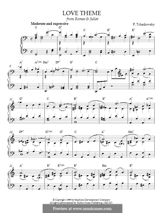 Love Theme: Arrangement for piano (with chords) by Pyotr Tchaikovsky