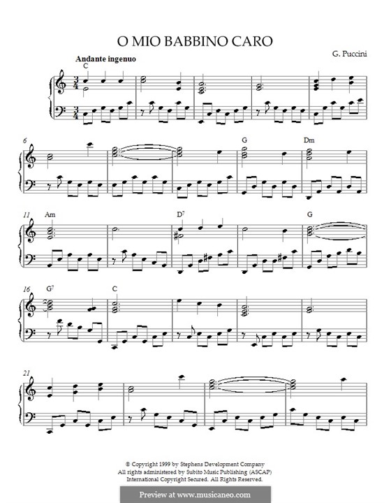 O mio babbino caro: For piano by Giacomo Puccini