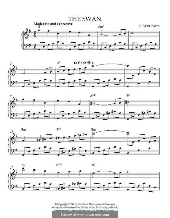 The Swan (printable scores): For piano (with chords) by Camille Saint-Saëns