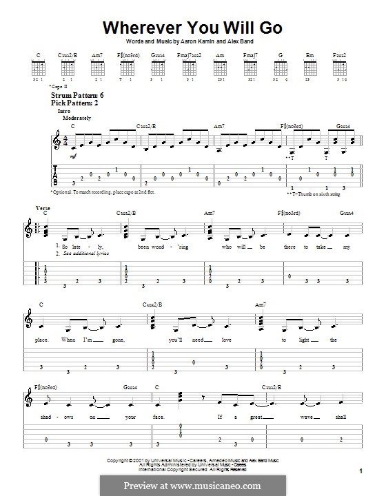 Wherever You Will Go (The Calling): For guitar (very easy version) by Aaron Kamin, Alex Band