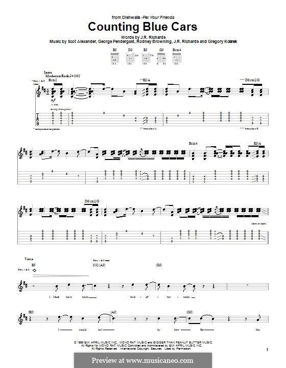 Counting Blue Cars (Dishwalla): For guitar with tab by George Pendergast, Gregory Kolanek, J.R. Richards, Scot Alexander