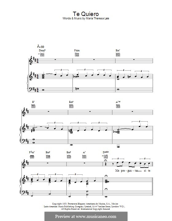 Te Quiero (Placido Domingo): For voice and piano (or guitar) by Maria Teresa Lara