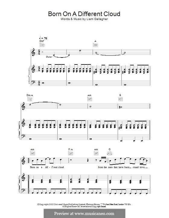 Born on a Different Cloud (Oasis): For voice and piano (or guitar) by Liam Gallagher
