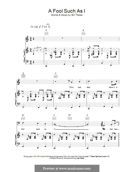 (Now and Then There's) A Fool Such as I (Elvis Presley): For voice and piano (or guitar) by Bill Trader