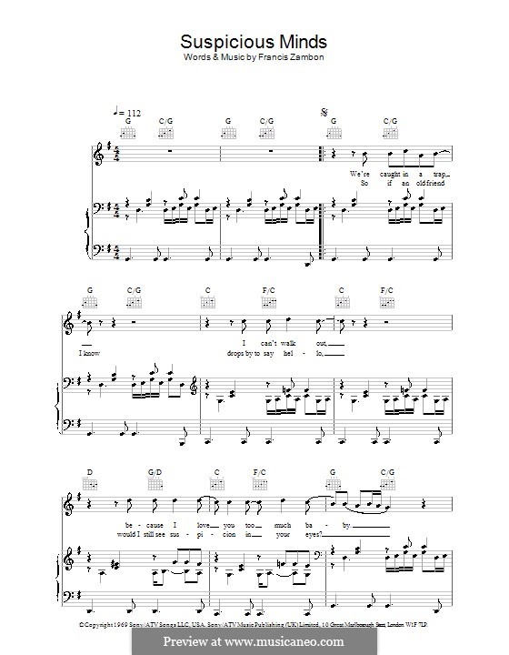 Suspicious Minds (Elvis Presley): For voice and piano (or guitar) by Francis Zambon