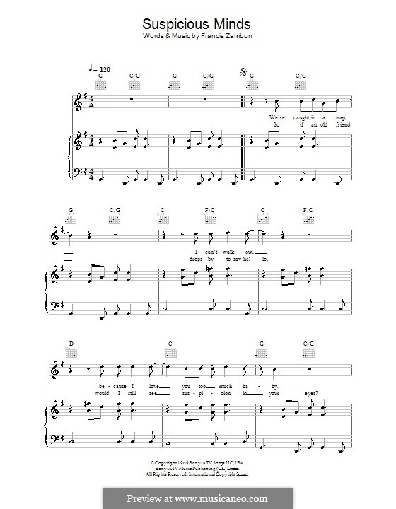 Suspicious Minds (Elvis Presley): For voice and piano (or guitar) by Francis Zambon