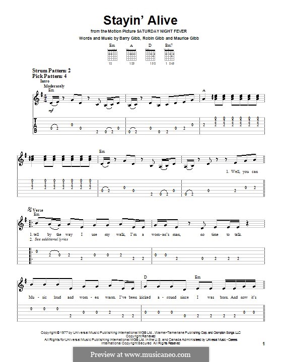 Stayin' Alive (The Bee Gees): For guitar (very easy version) by Barry Gibb, Maurice Gibb, Robin Gibb