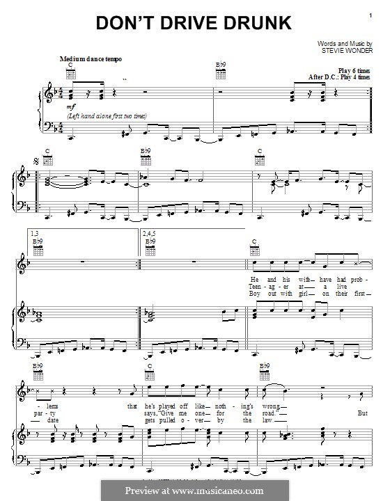 Don't Drive Drunk: For voice and piano (or guitar) by Stevie Wonder