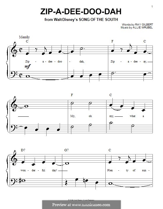 Zip-A-Dee-Doo-Dah: For piano (very easy version) by Allie Wrubel