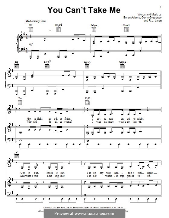 You Can't Take Me (from Spirit - Stallion of the Cimarron): For voice and piano (or guitar) by Bryan Adams, Gavin Greenaway, Robert John Lange
