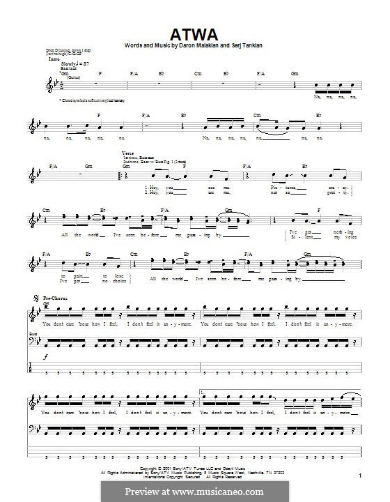 ATWA (System of a Down): For bass guitar with tab by Daron Malakian, Serj Tankian