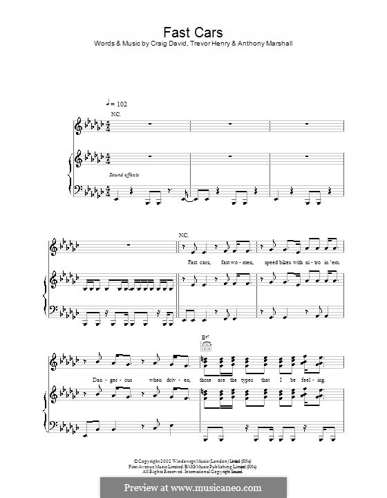 Fast Cars (Craig David): For voice and piano (or guitar) by Anthony Marshall, Trevor Henry
