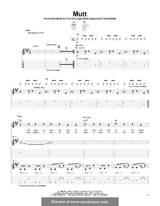 Mutt (Blink-182): For guitar with tab by Mark Hoppus, Tom DeLonge, Travis Barker