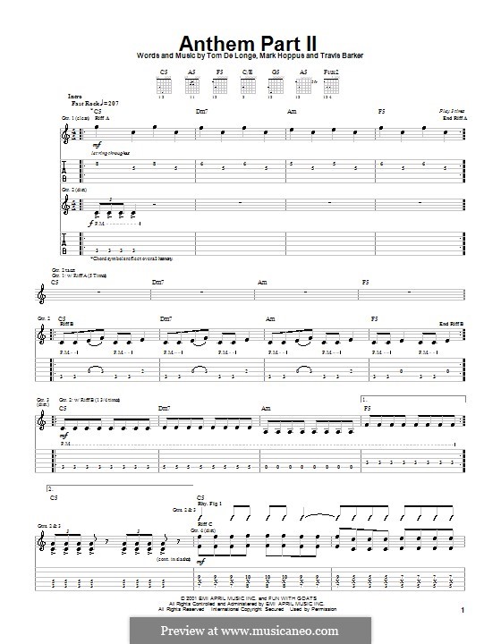 Anthem Part II (Blink-182): For guitar with tab by Mark Hoppus, Tom DeLonge, Travis Barker