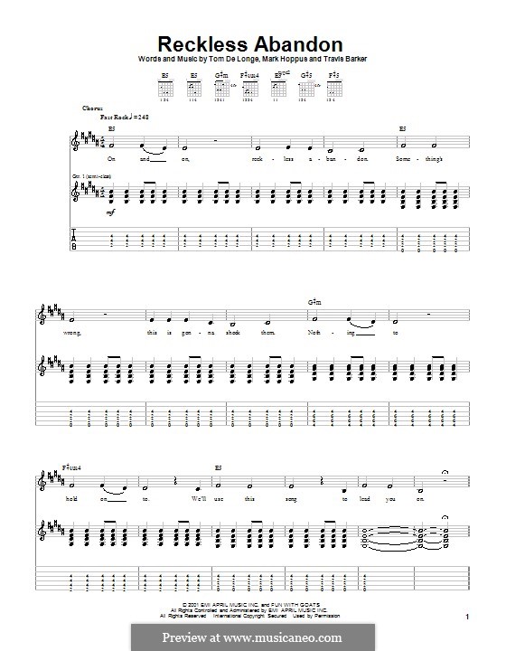 Reckless Abandon (Blink-182): For guitar with tab by Mark Hoppus, Tom DeLonge, Travis Barker