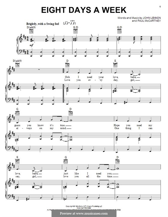 Eight Days a Week (The Beatles): For voice and piano or guitar by John Lennon, Paul McCartney