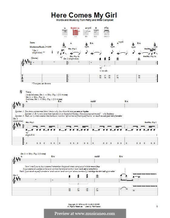 Here Comes My Girl (Tom Petty and The Heartbreakers): For guitar with tab by Mike Campbell