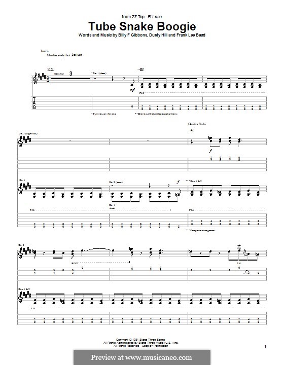 Tube Snake Boogie (ZZ Top): For guitar with tab by Billy F Gibbons, Dusty Hill, Frank Lee Beard