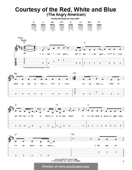 Courtesy of the Red, White and Blue (The Angry American): For guitar (very easy version) by Toby Keith