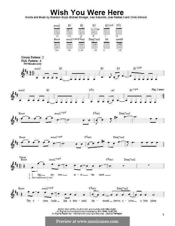 Wish You Were Here (Incubus): For guitar (very easy version) by Alex Katunich, Brandon Boyd, Michael Einziger