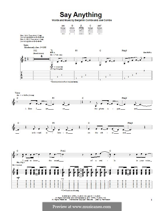 Say Anything (Good Charlotte): For guitar with tab by Benjamin Combs, Joel Combs