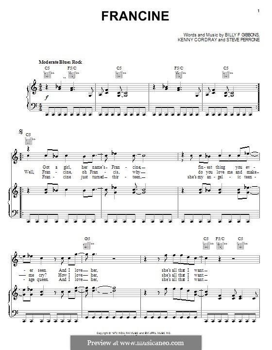 Francine (ZZ Top): For voice and piano (or guitar) by Billy F Gibbons, Kenny Cordray, Steve Perrone
