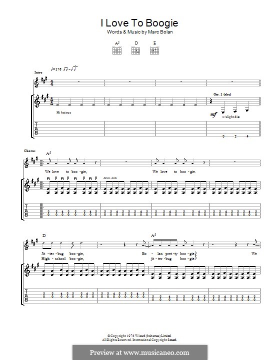 I Love to Boogie (T Rex): For guitar with tab by Marc Bolan