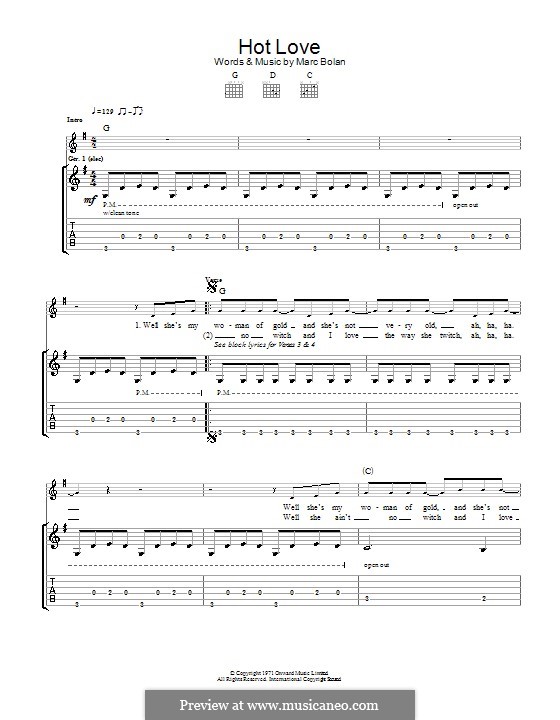 Hot Love (T Rex): For guitar with tab by Marc Bolan