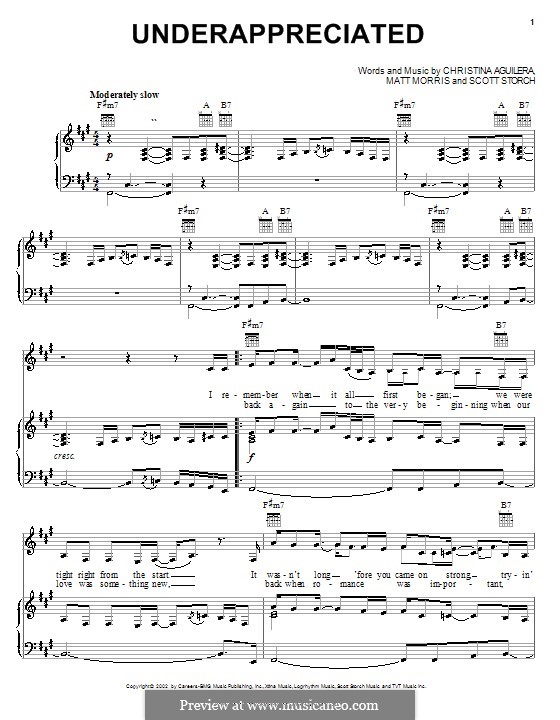 Underappreciated (Christina Aguilera): For voice and piano (or guitar) by Matt Morris, Scott Storch