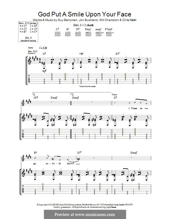 God Put a Smile upon Your Face (Coldplay): Guitar tab by Chris Martin, Guy Berryman, Jonny Buckland, Will Champion