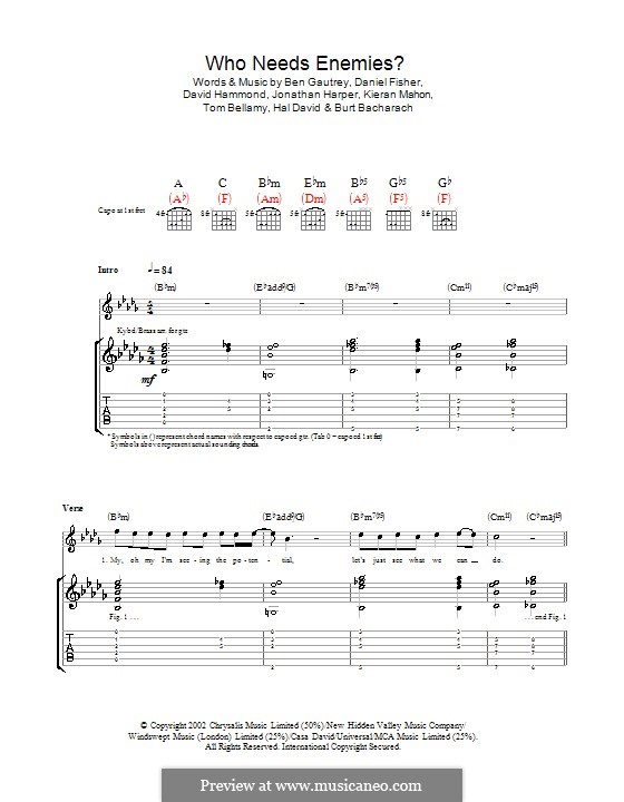 Who Needs Enemies? (The Cooper Temple Clause): For guitar with tab by Burt Bacharach, Benedict Gautrey, Daniel Fisher, David Hammond, Hal David, Jonathan Harper, Kieran Mahon, Tom Bellamy