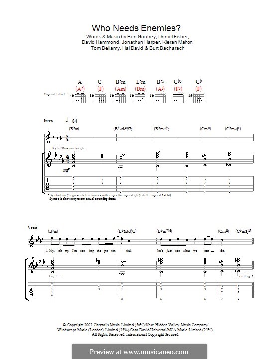 Who Needs Enemies? (The Cooper Temple Clause): For guitar with tab by Burt Bacharach, Benedict Gautrey, Daniel Fisher, David Hammond, Hal David, Jonathan Harper, Kieran Mahon, Tom Bellamy