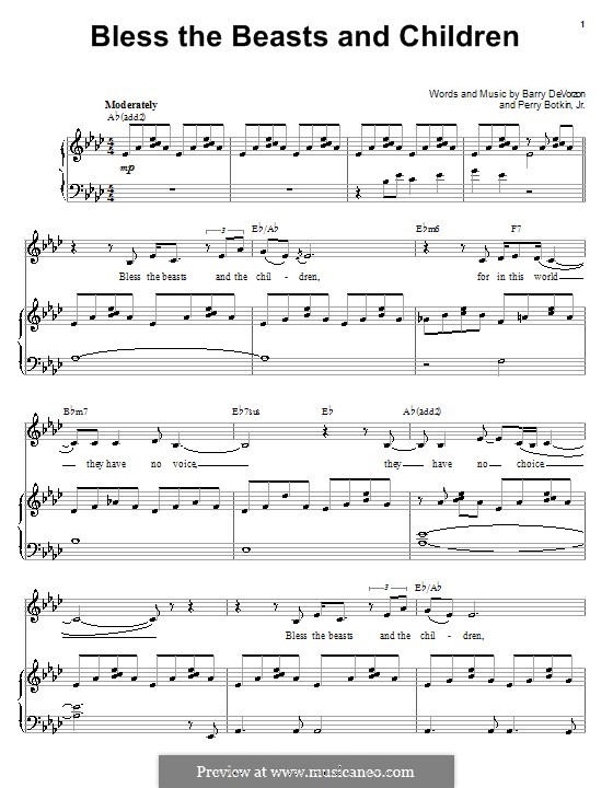 Bless the Beasts and Children (Carpenters): For voice and piano (or guitar) by Barry DeVorzon, Perry Botkin Jr.