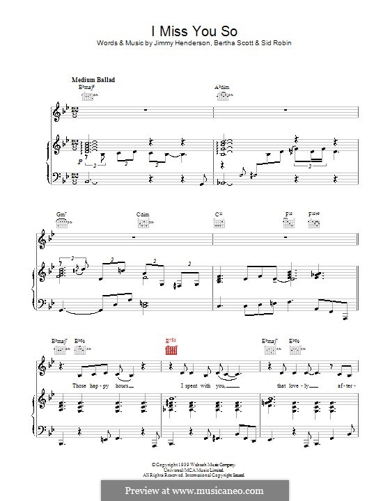 I Miss You So (Diana Krall): For voice and piano (or guitar) by Bertha Scott, Jimmy Henderson, Sid Robin