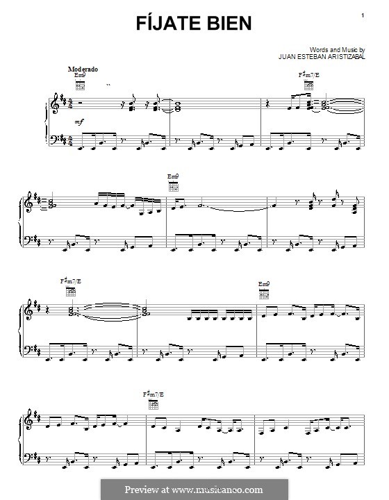 Fijate Bien (Juanes): For voice and piano (or guitar) by Juan Esteban Aristizabal
