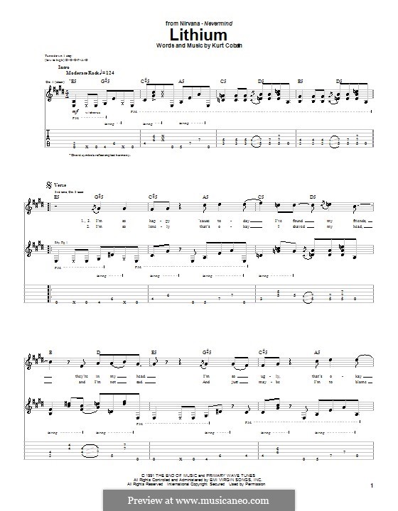 Lithium (Nirvana) by K. Cobain - sheet music on MusicaNeo