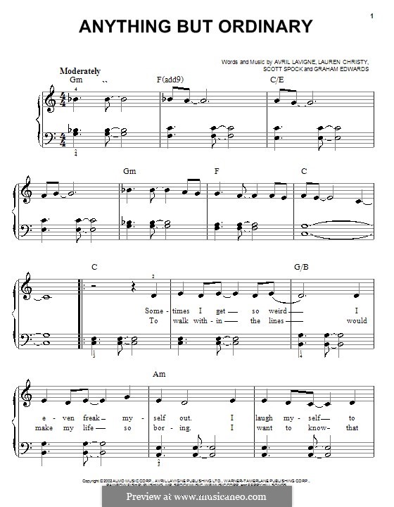 Anything But Ordinary: For easy piano by Avril Lavigne, Graham Edwards, Lauren Christy, Scott Spock