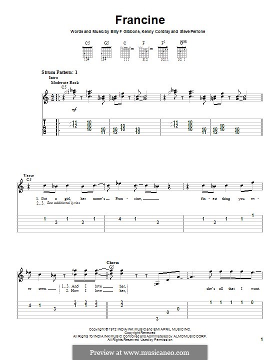 Francine (ZZ Top): For guitar (very easy version) by Billy F Gibbons, Kenny Cordray, Steve Perrone