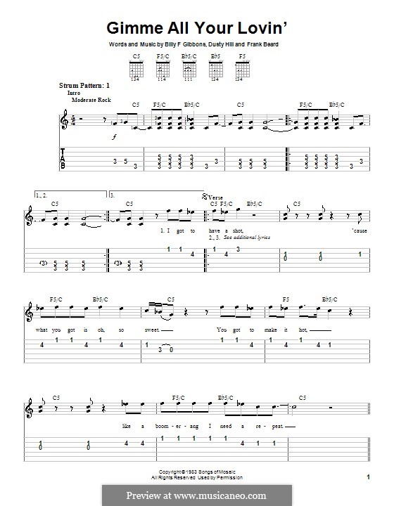 Gimme All Your Lovin' (ZZ Top): Easy guitar tab by Billy F Gibbons, Dusty Hill, Frank Lee Beard