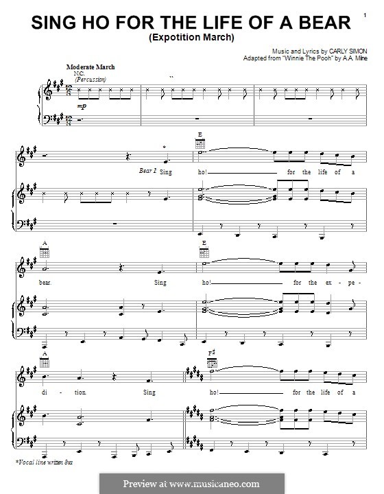 Sing Ho for the Life of a Bear (Expotition March) from Piglet's Big Movie: For voice and piano (or guitar) by Carly Simon
