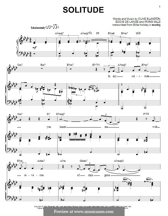 Solitude: For voice and piano (or guitar) by Irving Mills, Duke Ellington, Eddie De Lange